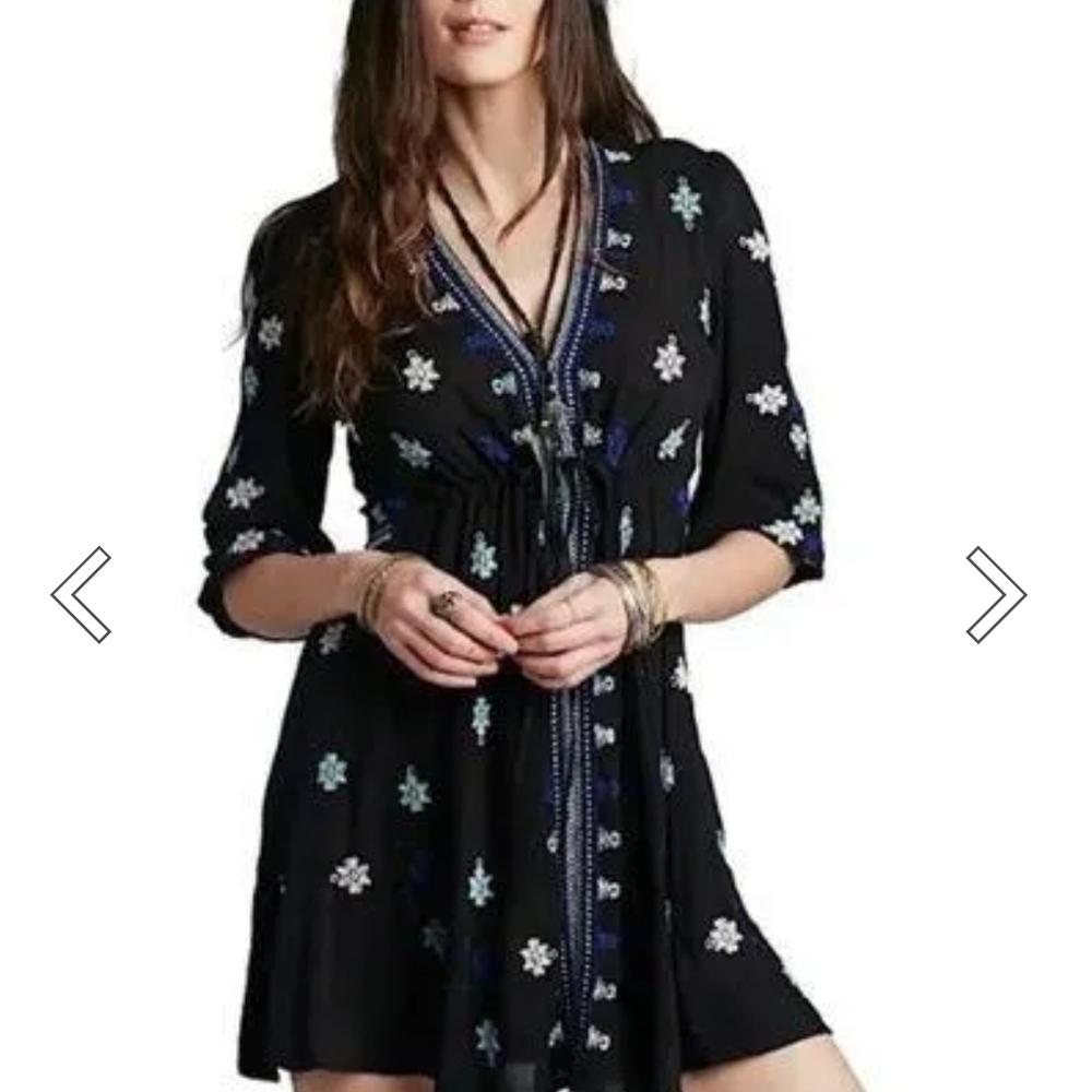 Black Embroidered‎ V-Neck Mini Dress